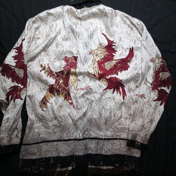 Vintage Silk Boy Rooster Phoenix Metallic Gold Button Shirt - Picture 7 of 8